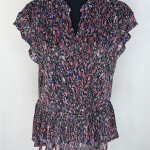 Anthropologie Blouse Womens Medium Multicolor Floral Wrap Peplum Pleated Top